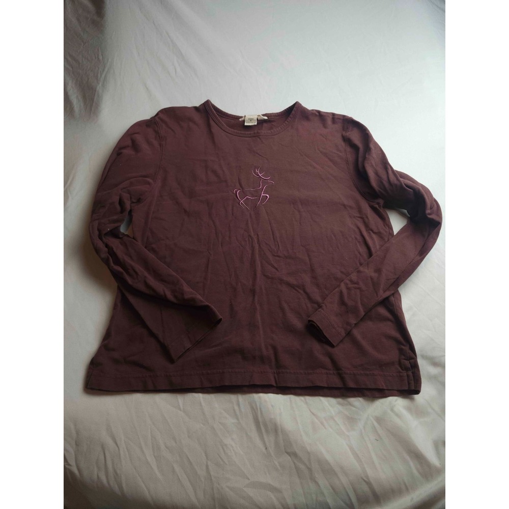 Woolrich Tee Shirt Womens Medium Brown Knit Embroidered Reindeer Long Sleeve Top